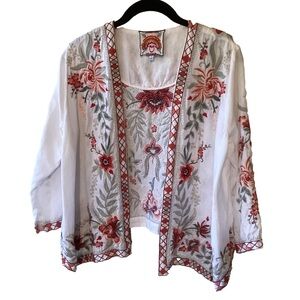 Johnny Was 100% Linen Floral Embroidered Kimono Cardigan S Boho Spring Sumner